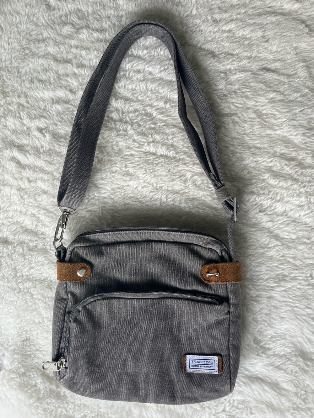 Travelon Anti-Theft Heritage gray canvas crossbody bag brown suede accents
